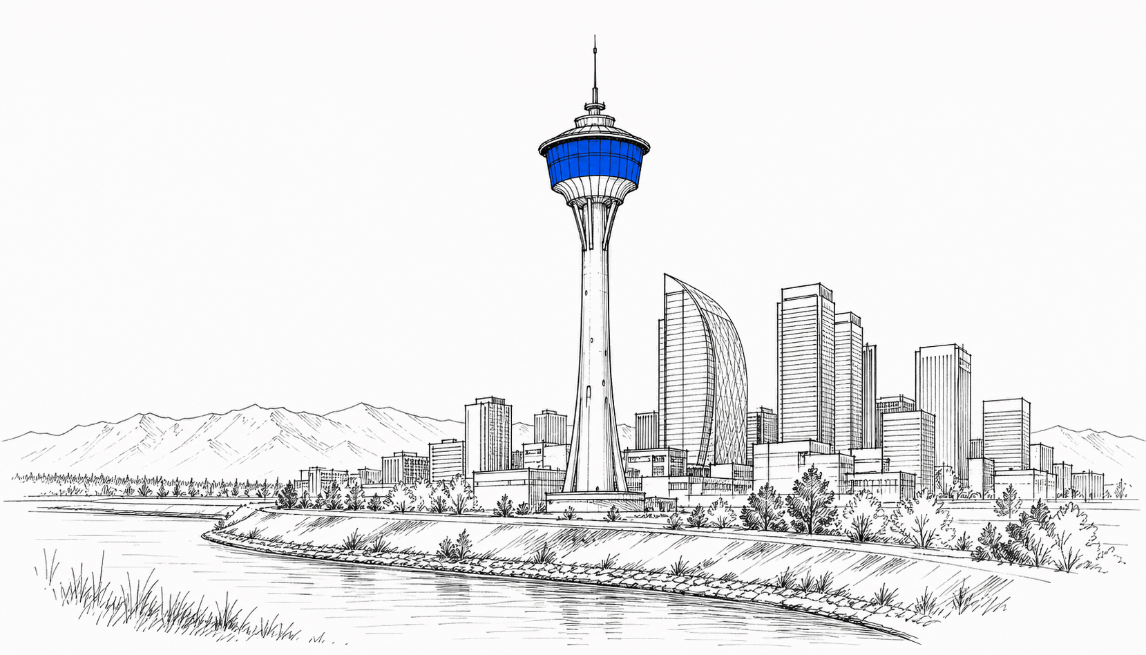 Hand-drawn ink illustration of the Calgary skyline anchored by the Calgary Tower, with downtown skyscrapers behind and the Rocky Mountain foothills on the horizon