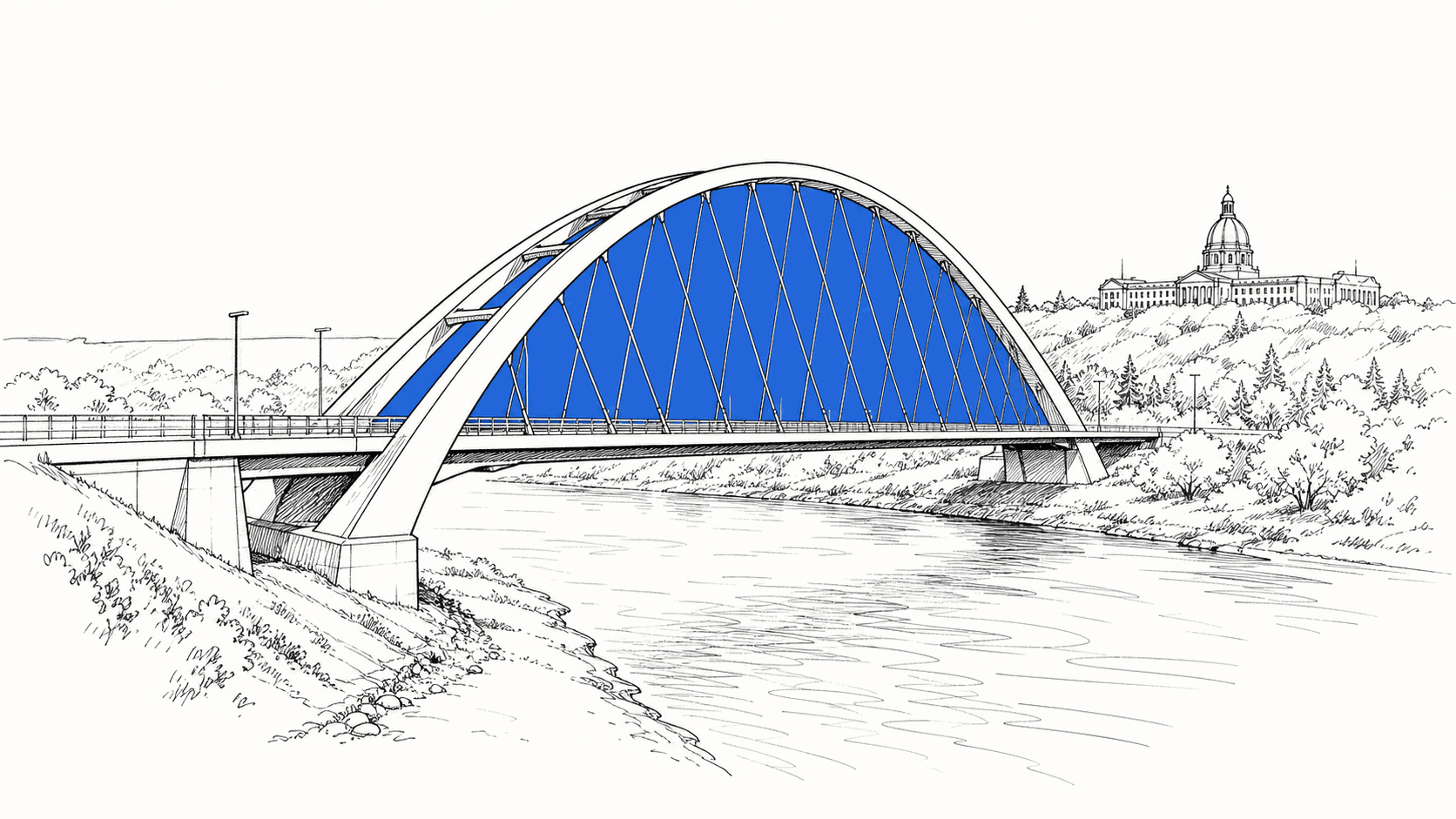 Hand-drawn ink illustration of the Walterdale Bridge over the North Saskatchewan River, with the Alberta Legislature dome on the bluff in the background