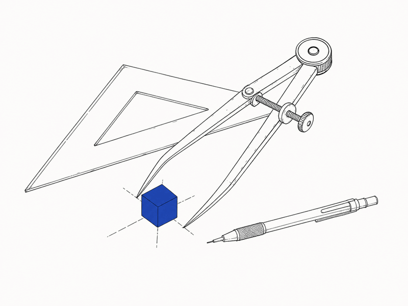 Calipers and a draftsman's set-square measuring a cube