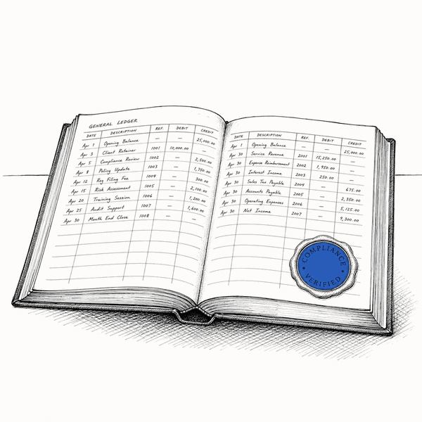 Open ledger book with a blue compliance seal