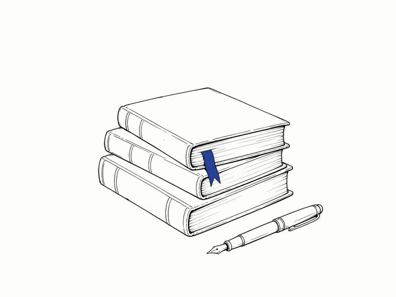 Stack of bound ledgers with a ribbon bookmark