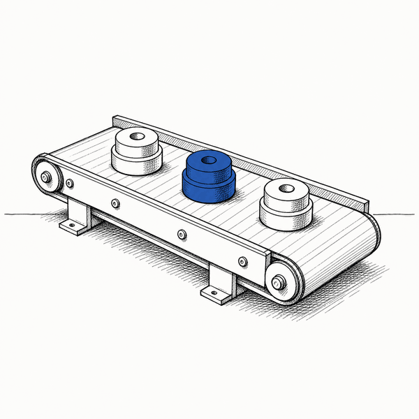 Conveyor belt with three machined parts, the middle QC sample in blue