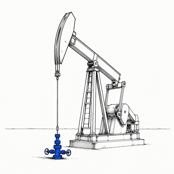 Oil-field pumpjack with a blue wellhead valve
