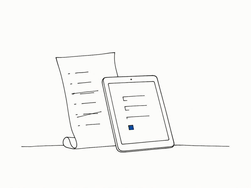 A tablet leaning against a paper checklist