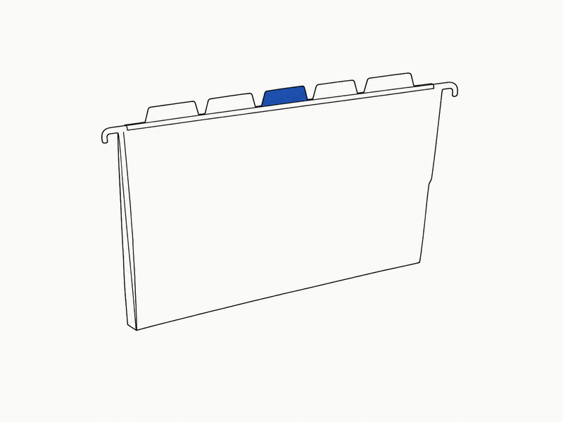A hanging file folder with index tabs