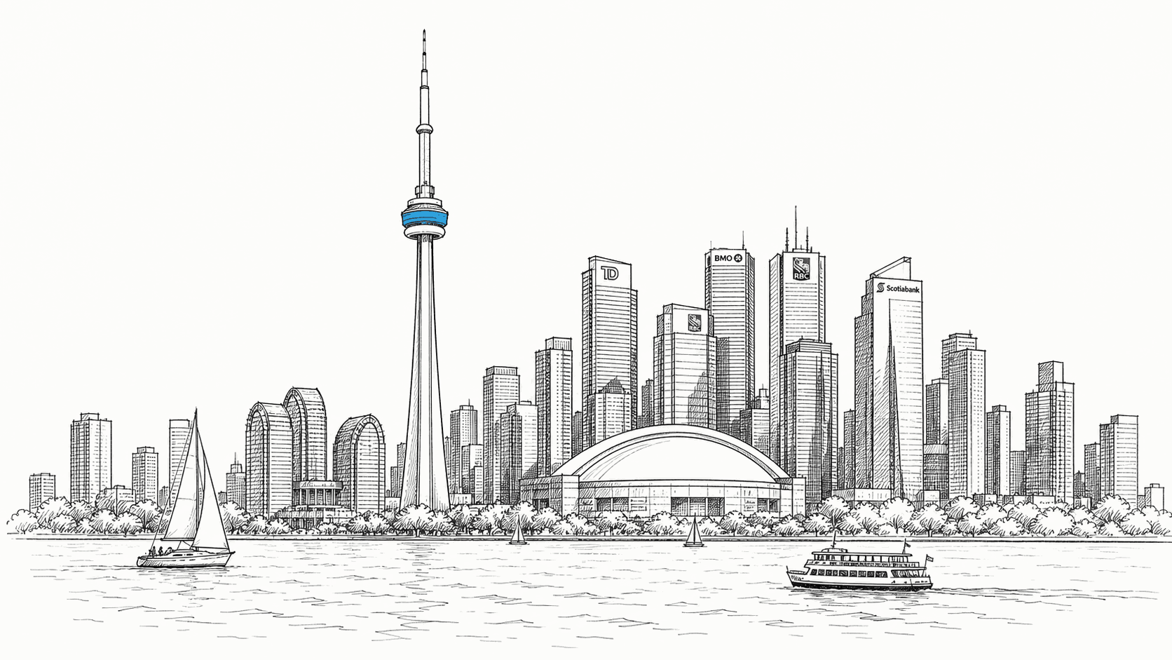 Hand-drawn ink illustration of the Toronto skyline anchored by the CN Tower, with the financial district towers behind and the Lake Ontario waterfront in the foreground