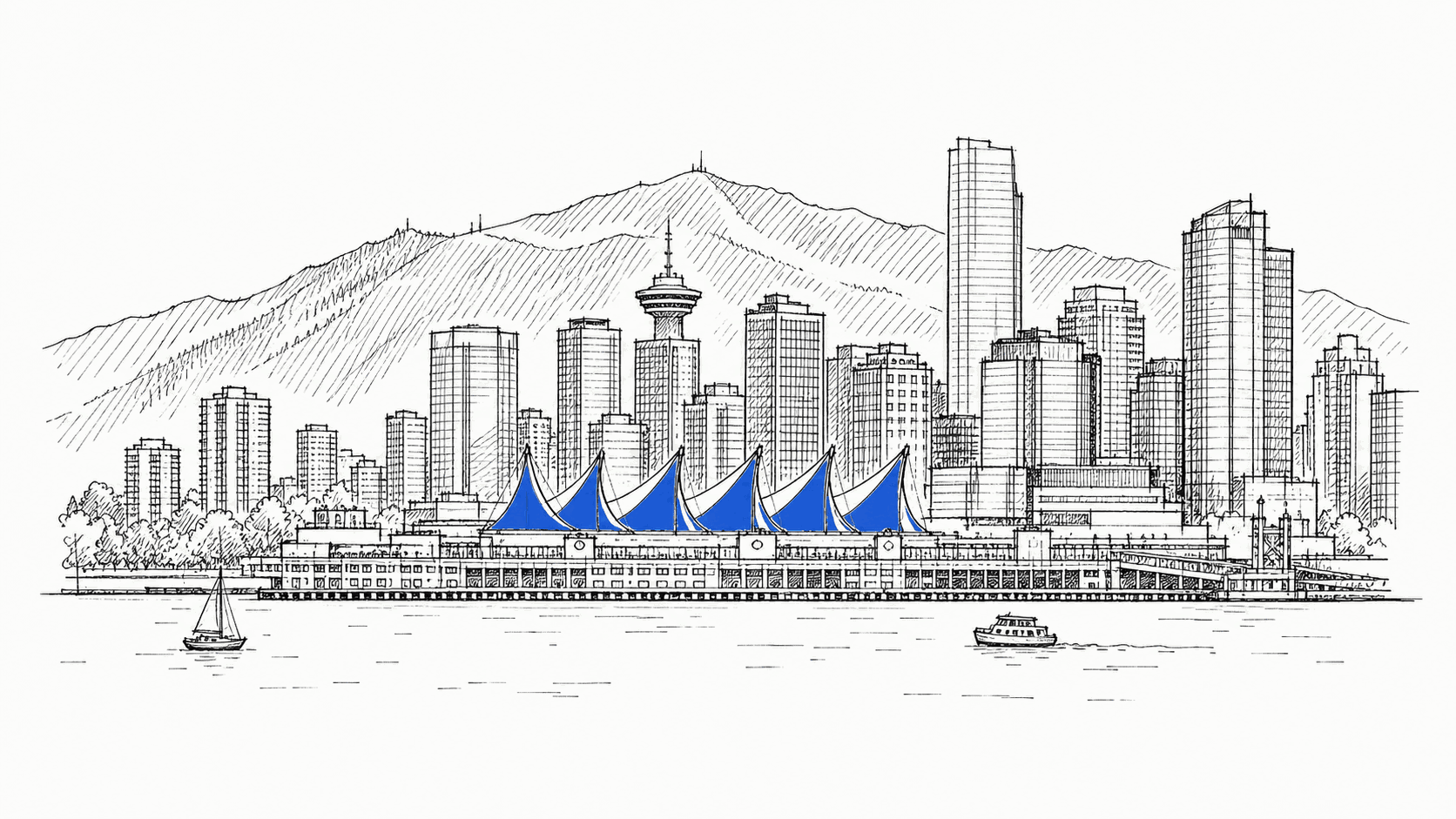 Hand-drawn ink illustration of the Vancouver downtown skyline rising from Coal Harbour, with the North Shore mountains behind and Canada Place sails on the waterfront